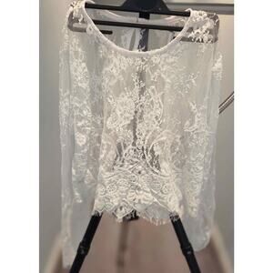 The Hanger White /light blue Sheer Floral Lace Blouse – Size Medium ✨
